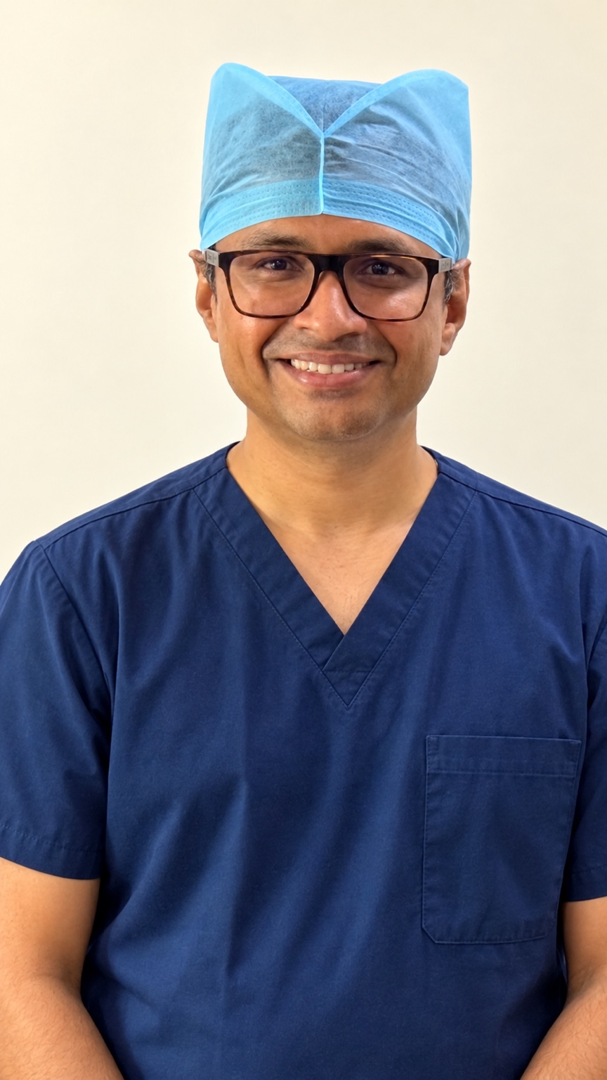 Dr. Sachin Arakere Nataraj wearing blue surgical scrubs, a surgical cap and glasses
